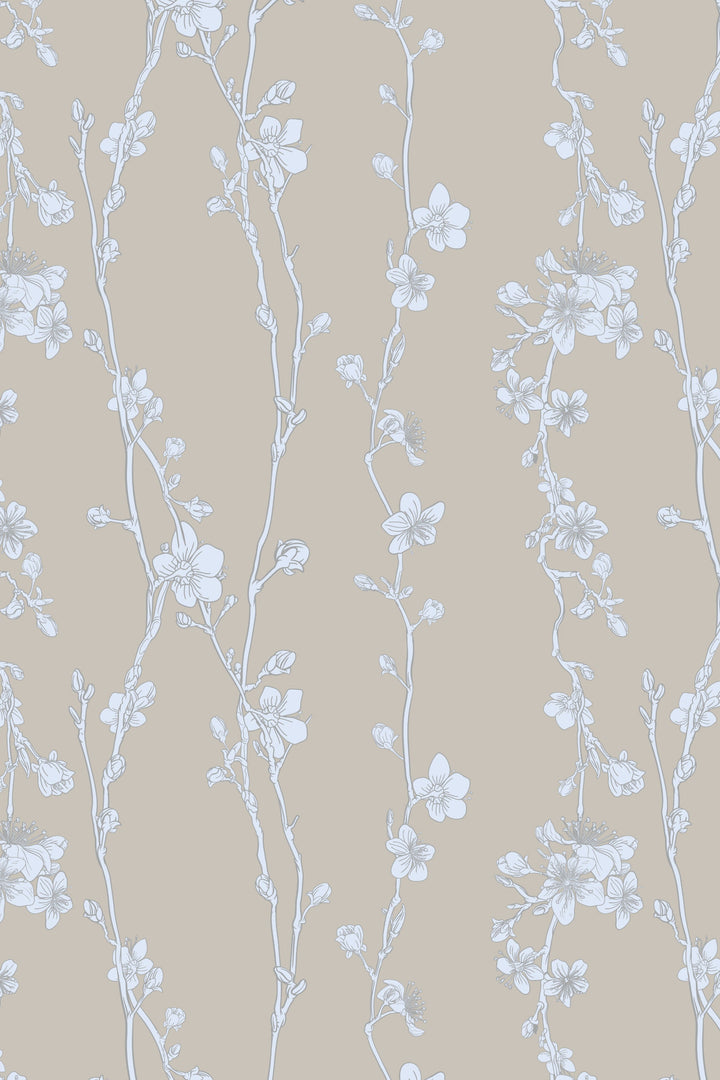 Botanical Branches of White Sakura on a Tan Background Removable Wallpaper #3407