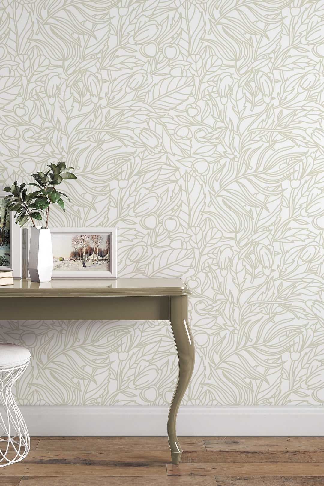 Neutral botanical wallpaper wall decor