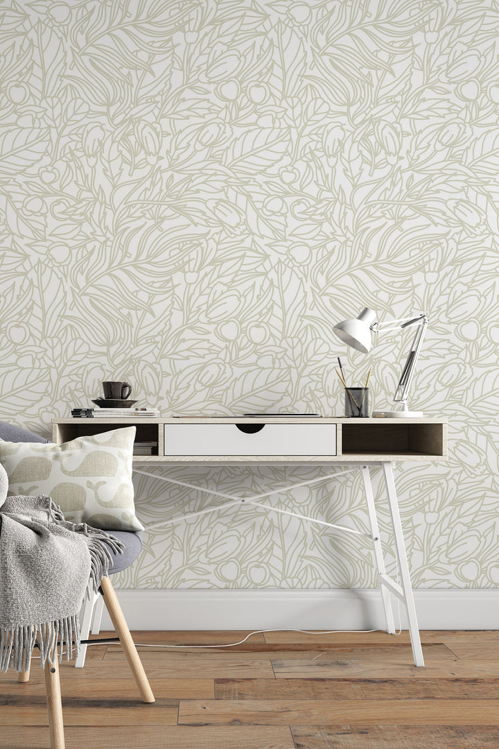 Neutral botanical wallpaper for office