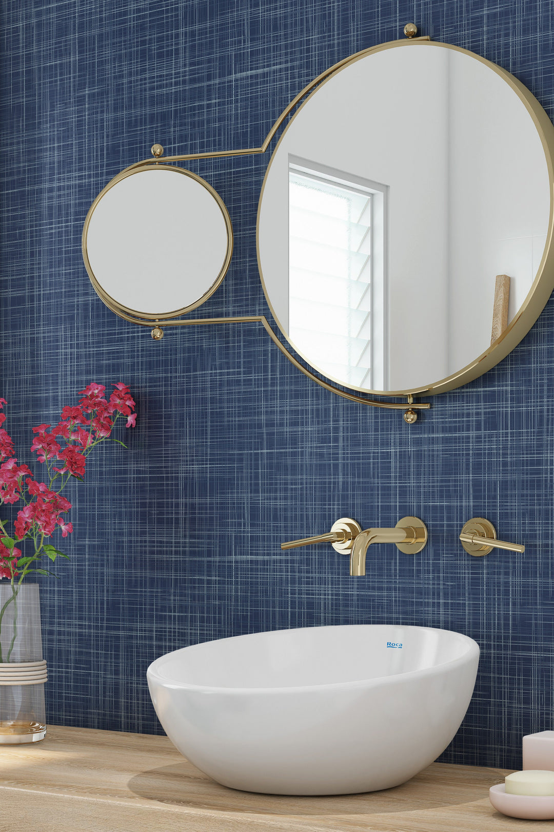 Navy Blue linen textured wallpaper for bathroom