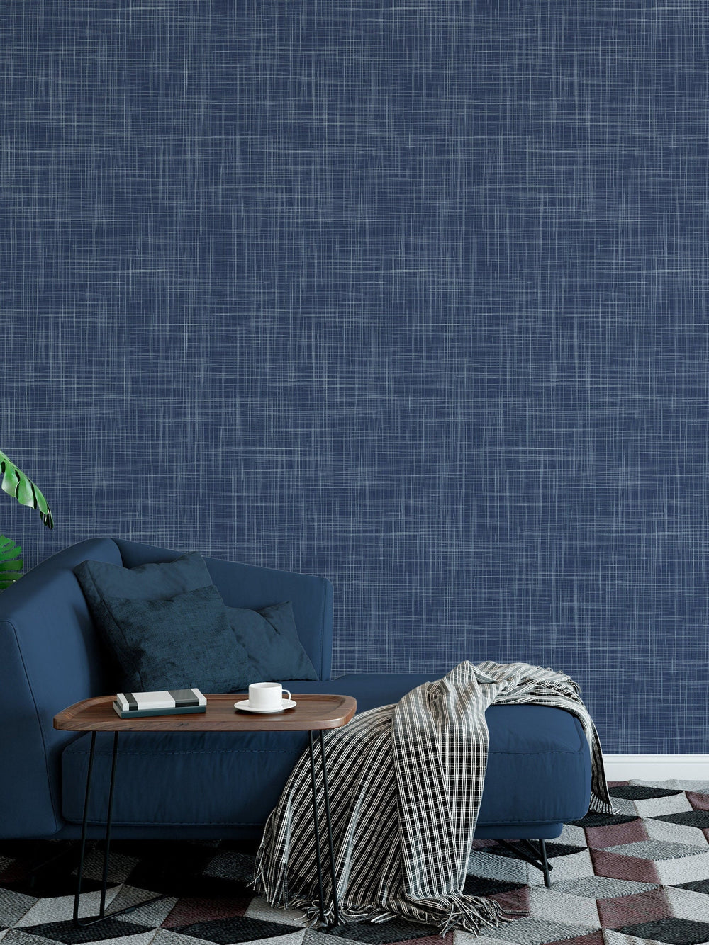 Blue linen textured wallpaper living room
