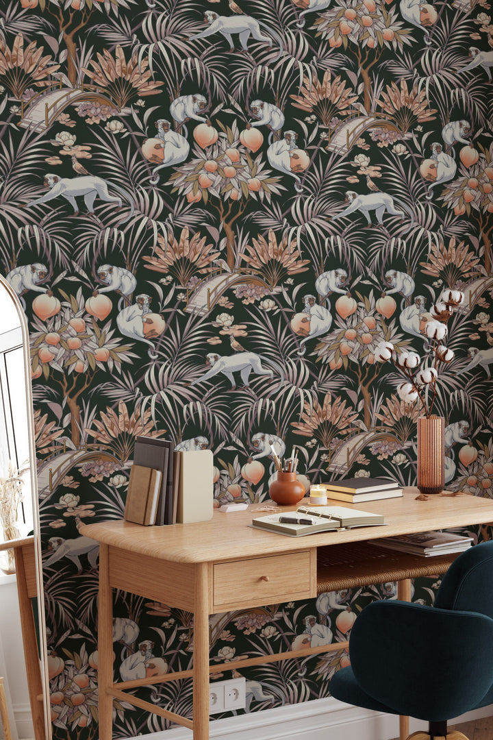 White Monkey Peel & Stick Wallpaper - Monkeys and leaves