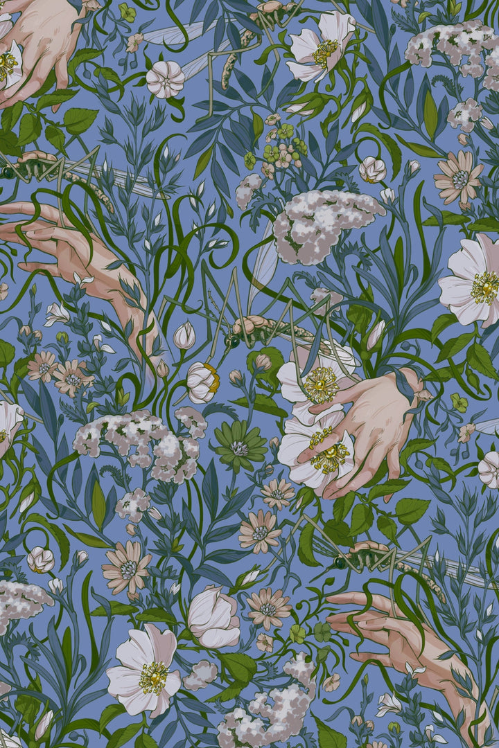 Hand Palm and Flowers on Blue Wallpaper #3439