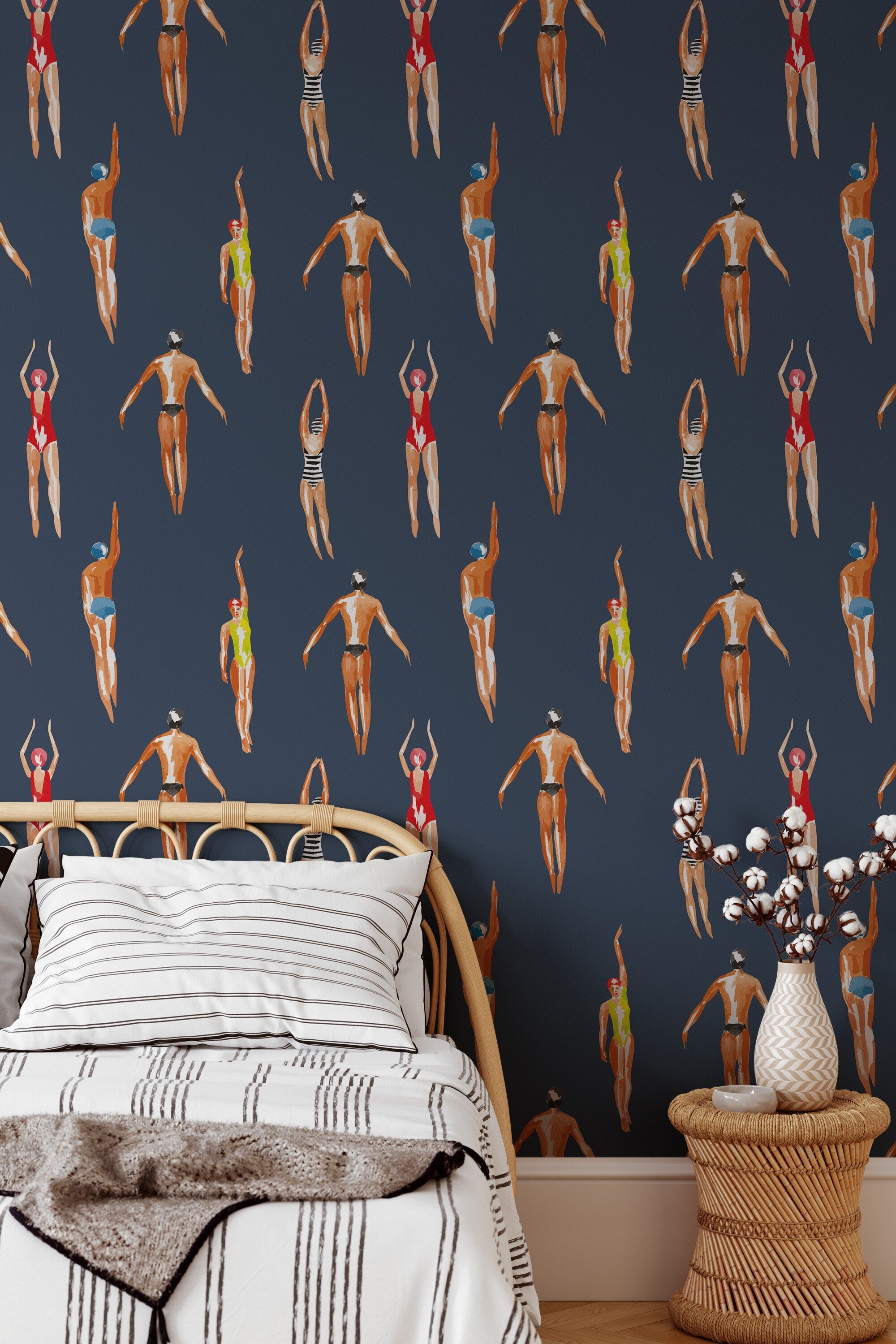 Vintage Swimmers Wallpaper Navy Gray Background wallpaper 3447