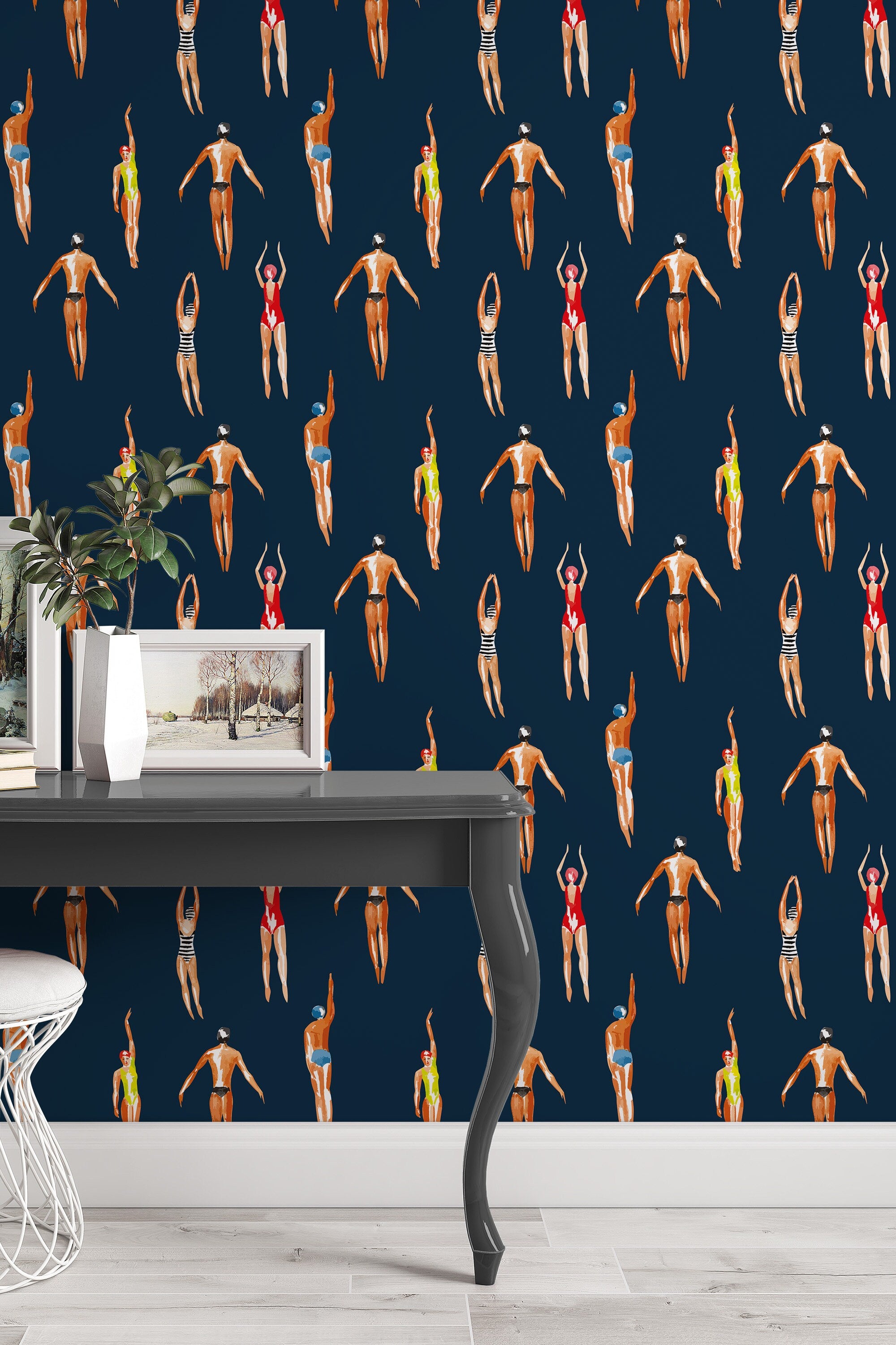 Vintage Swimmers Wallpaper Navy Blue Background - Peel & Stick and
