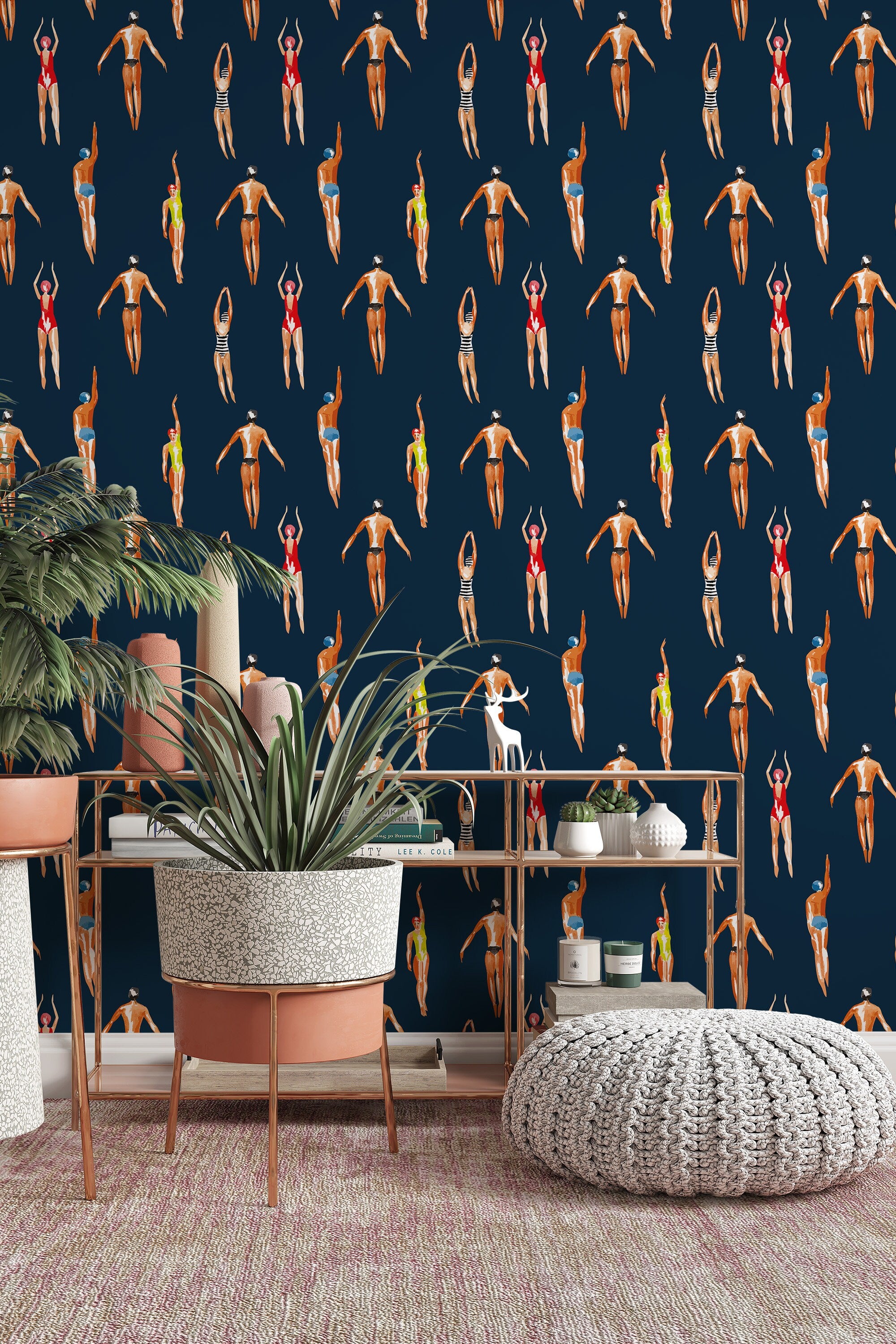 Vintage Swimmers Wallpaper Navy Blue Background - Peel & Stick and