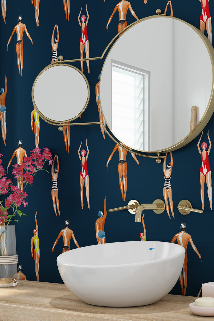 Vintage Swimmers Wallpaper Navy Blue Background - Peel & Stick and Traditional 3448