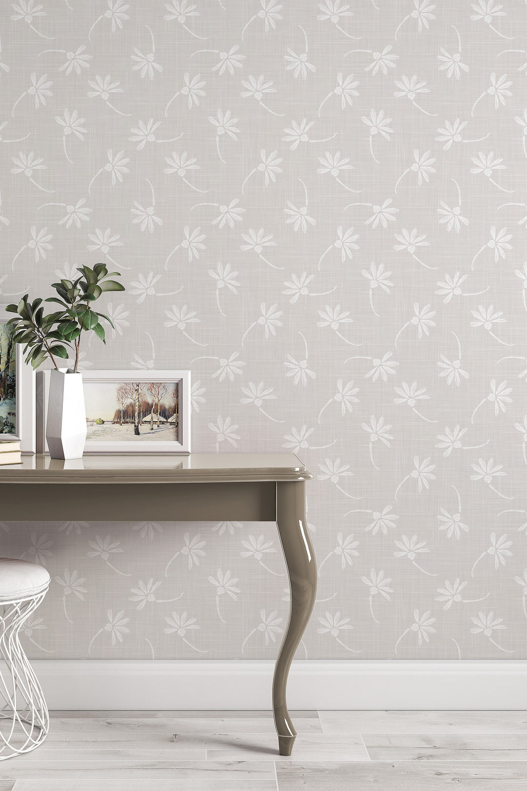 Neutral gray linen wallpaper with flowers 3390