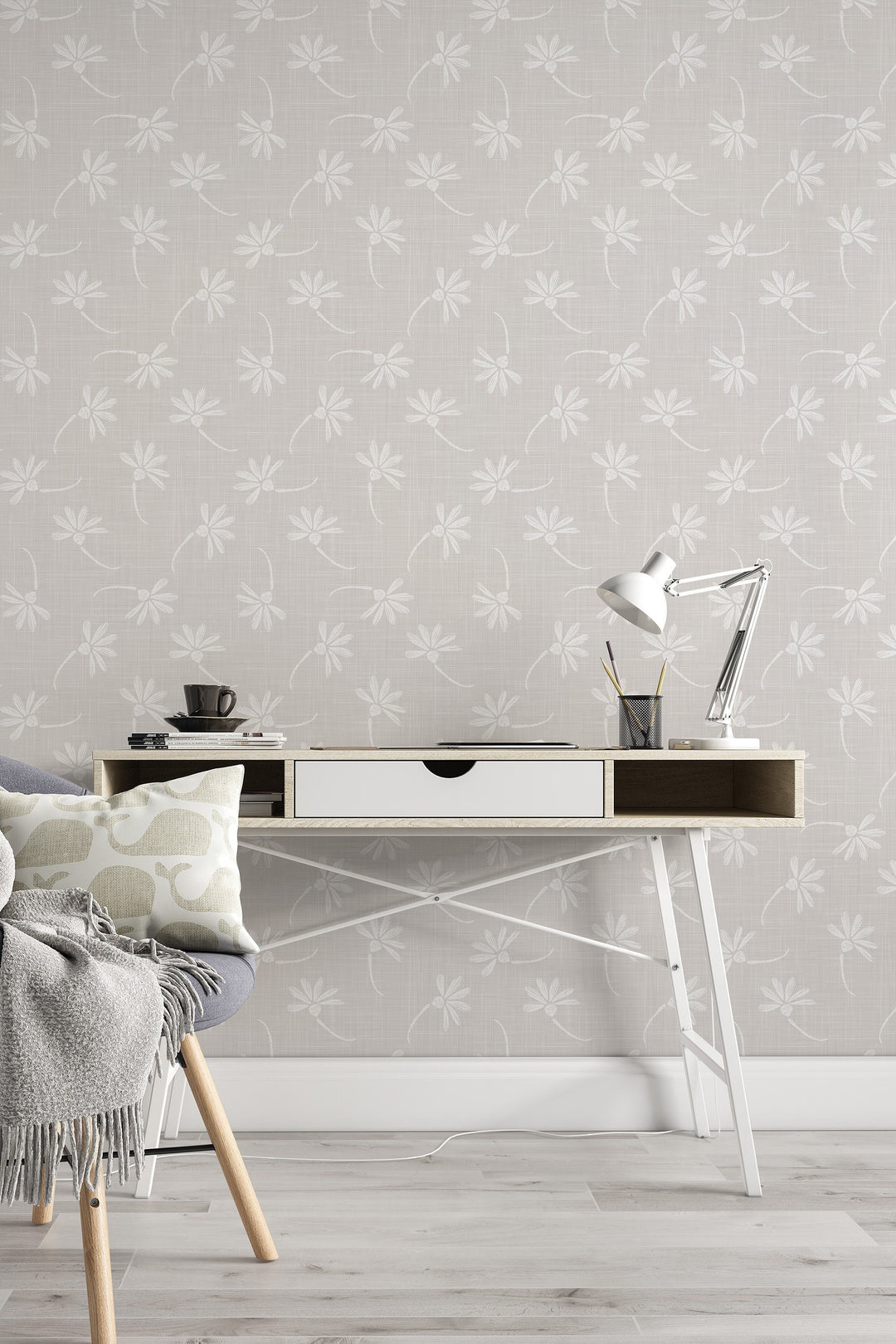 Neutral gray linen wallpaper with flowers 3390