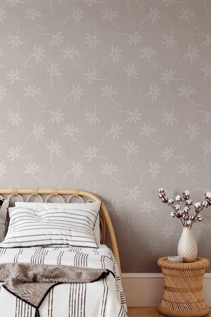 Neutral gray linen wallpaper with flowers 3390