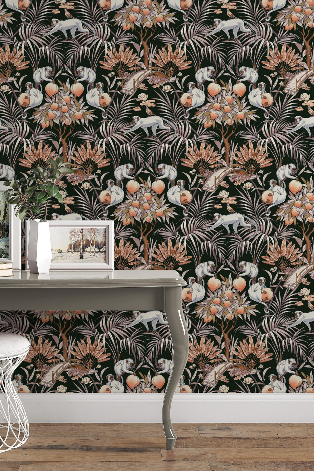 White Monkey Peel & Stick Wallpaper - Monkeys and leaves