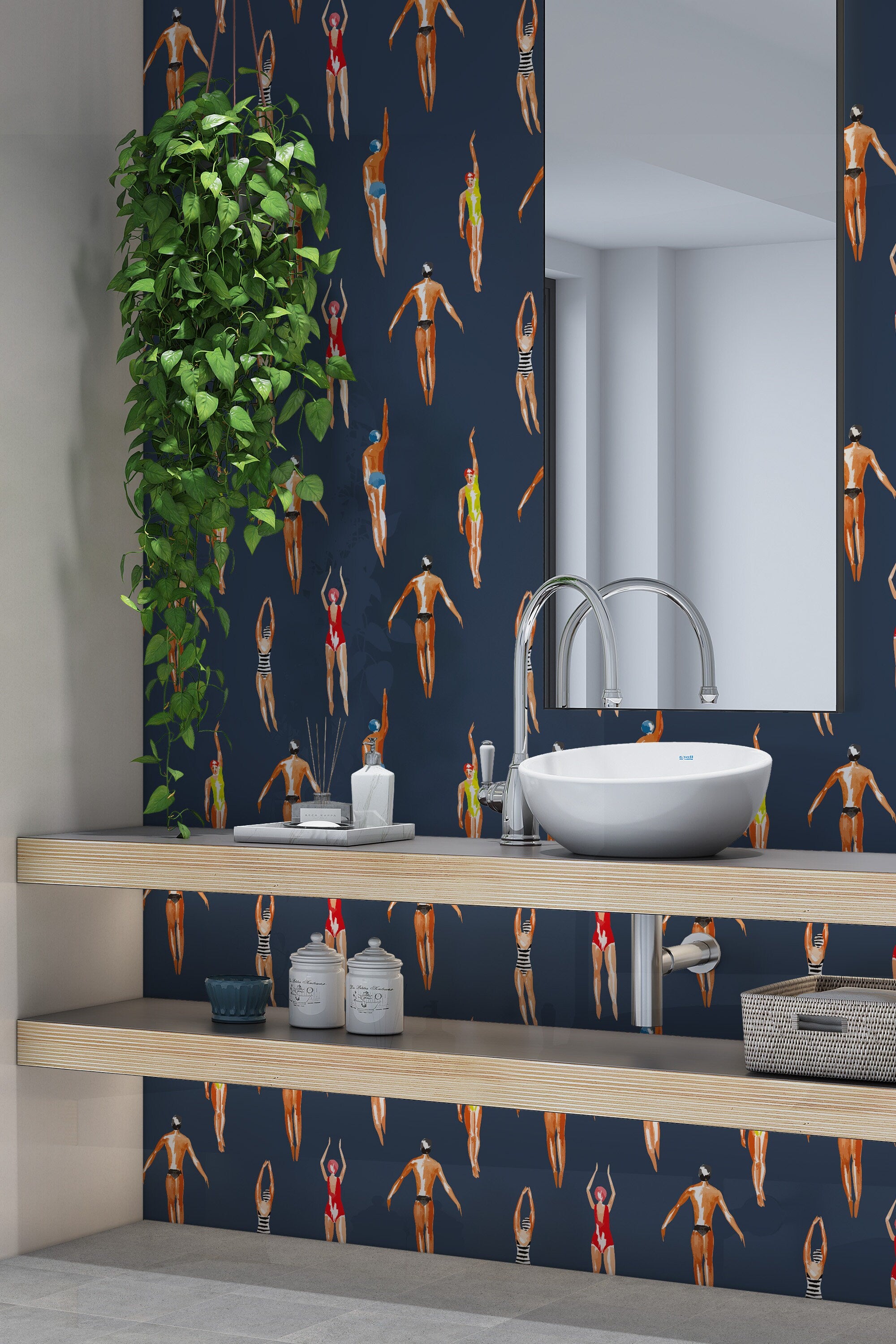 Vintage Swimmers Wallpaper Navy Gray Background wallpaper 3447