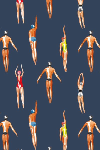 Vintage Swimmers Wallpaper Navy Gray Background
