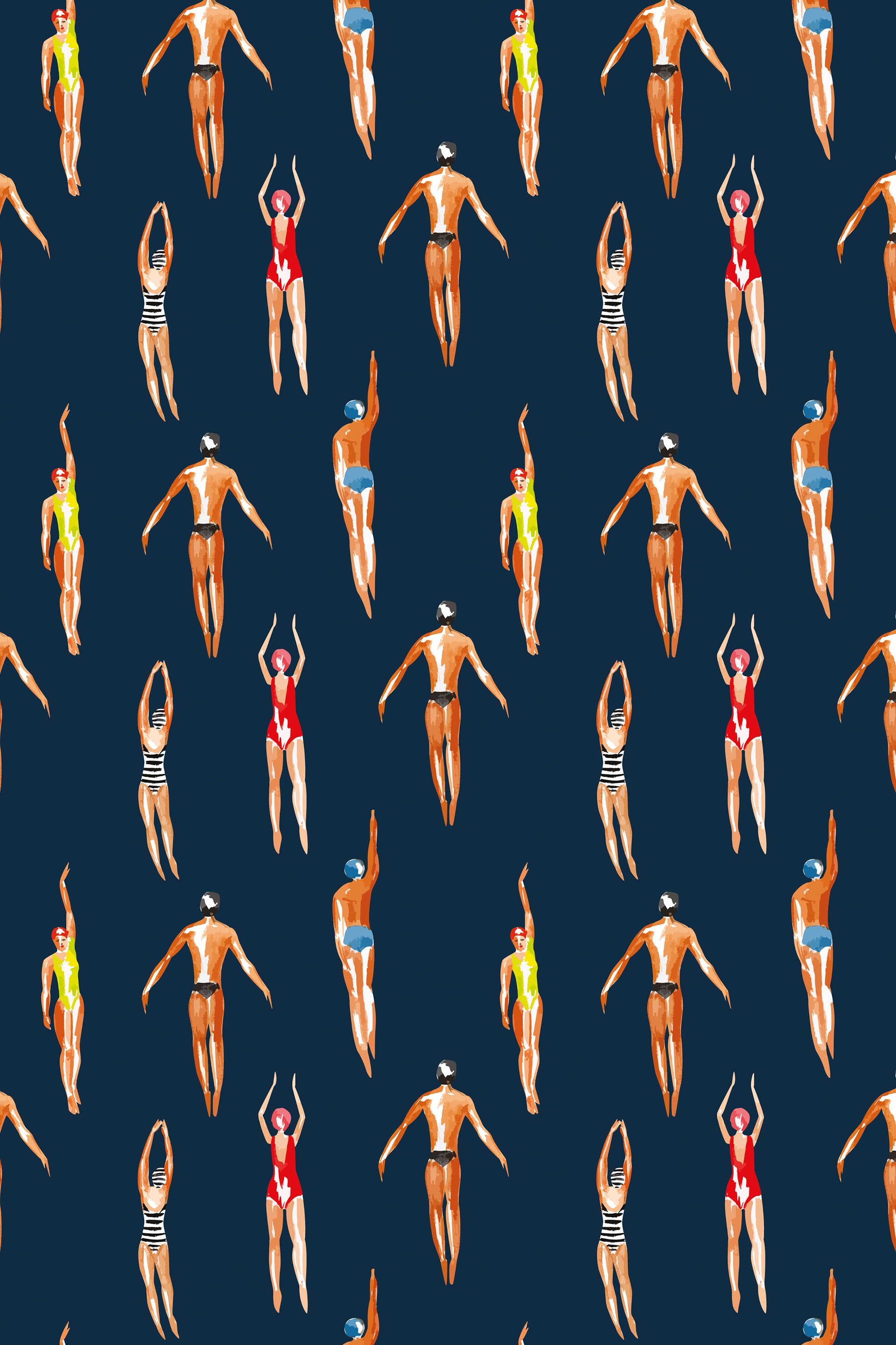 Vintage Swimmers Wallpaper Navy Blue Background - Peel & Stick and