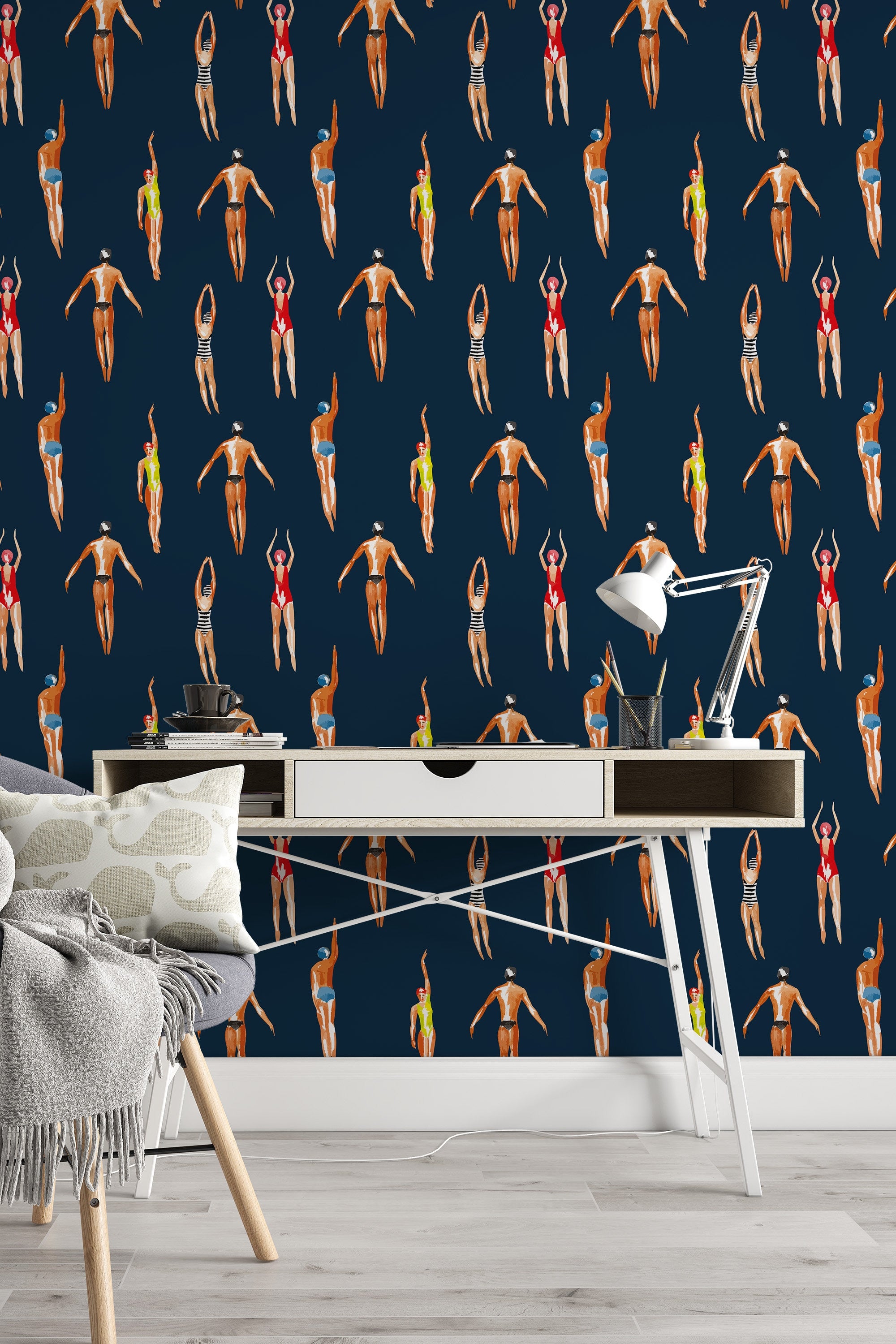 Vintage Swimmers Wallpaper Navy Blue Background - Peel & Stick and