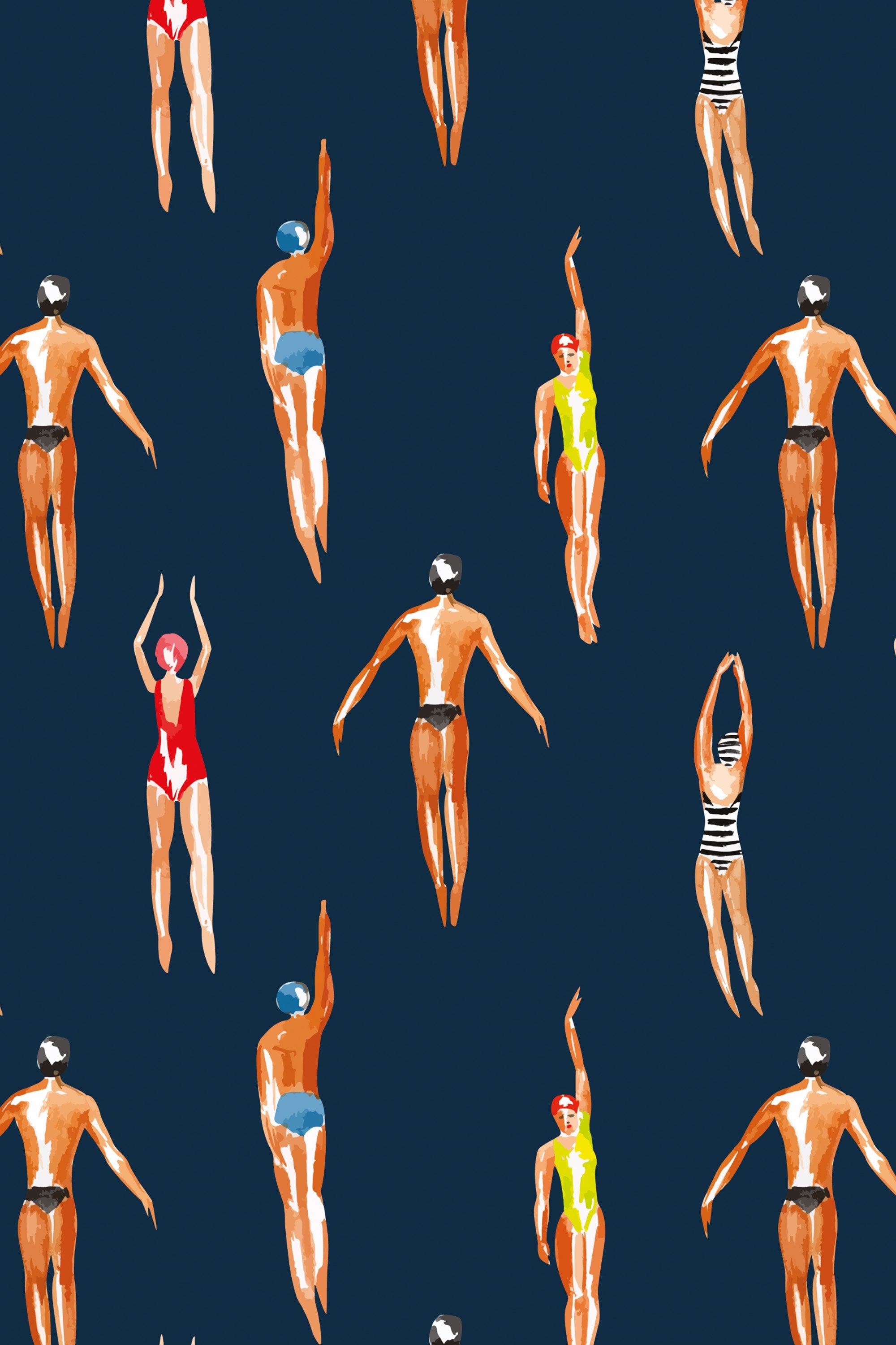 新品papier City swimmer/navy Vintage Swimmers Wallpaper Navy Blue Background - Peel & Stick and