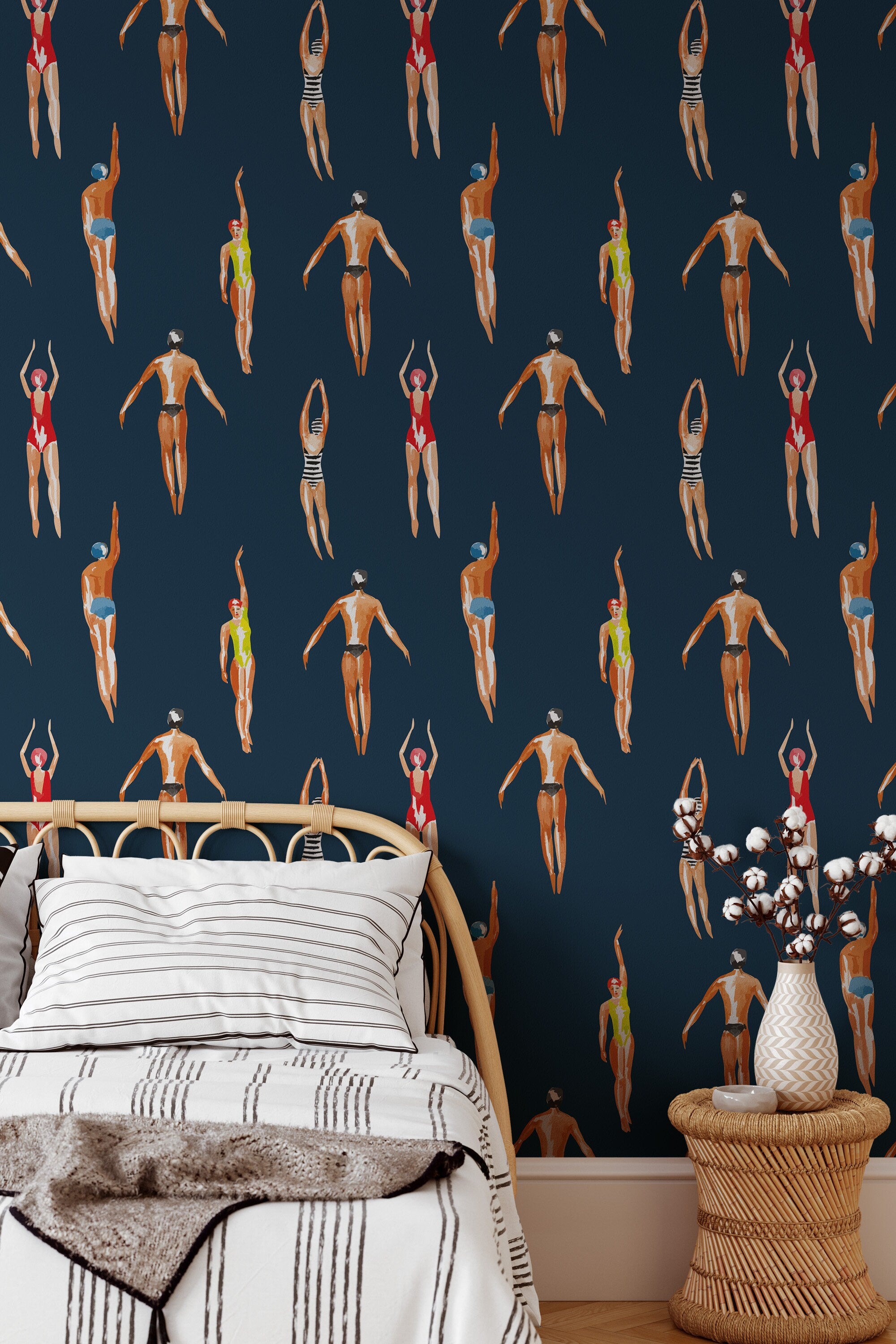 Vintage Swimmers Wallpaper Navy Blue Background - Peel & Stick and