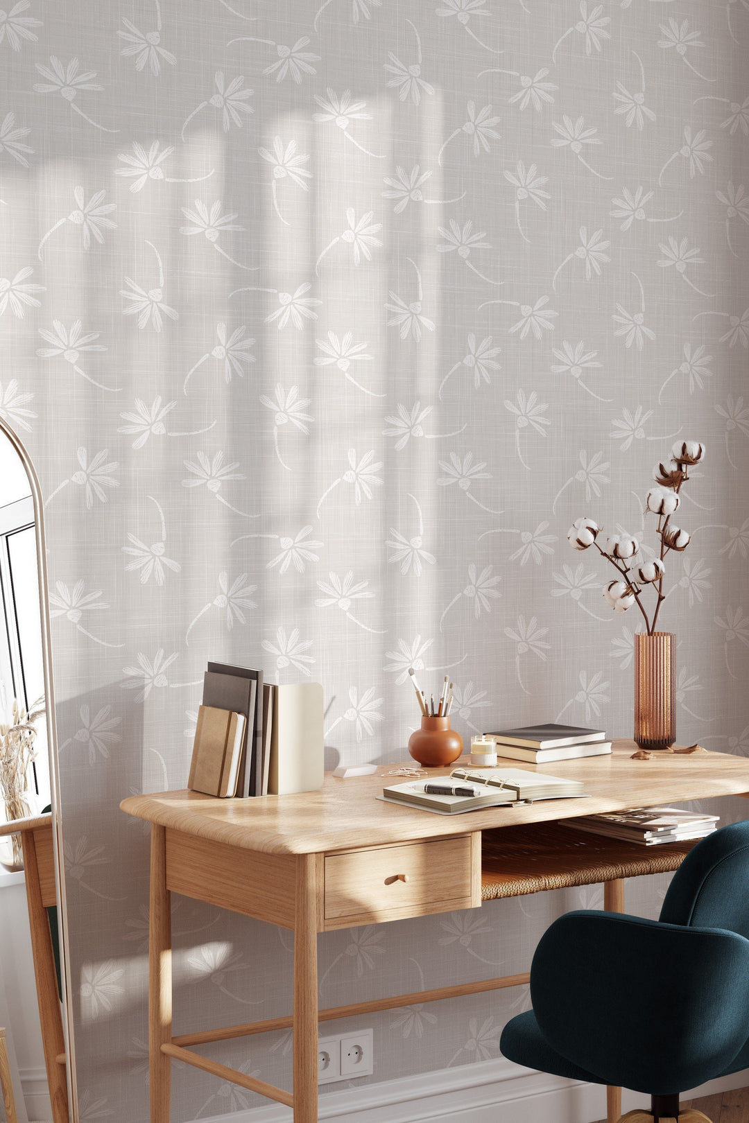 Neutral gray linen wallpaper with flowers 3390