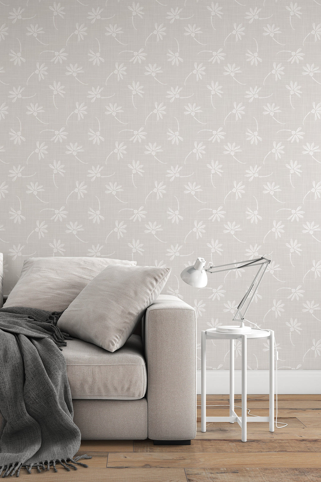 Neutral gray linen wallpaper with flowers 3390