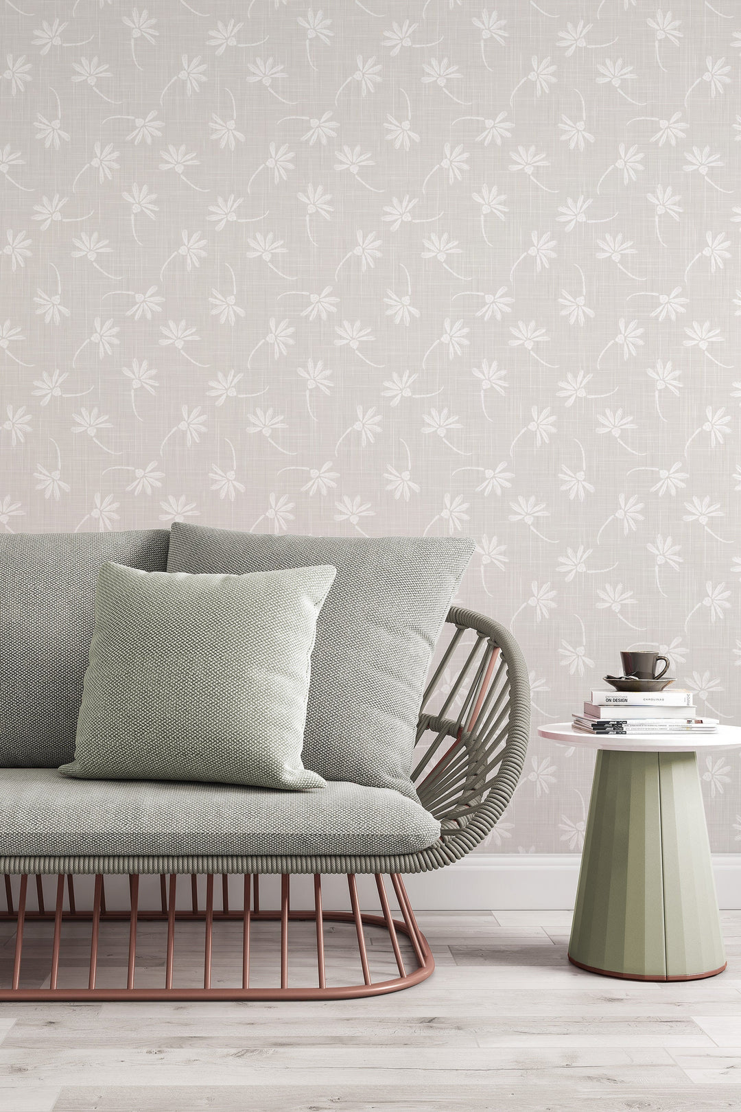 Neutral gray linen wallpaper with flowers 3390