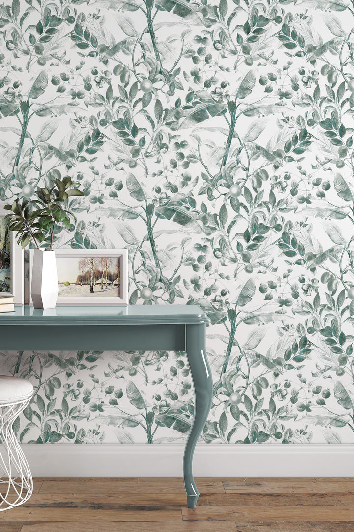 Botanical Berries and Leaves in Gray-Green Color wallpaper