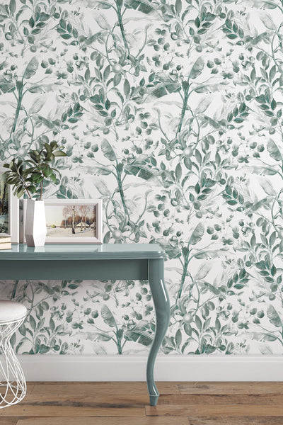 Botanical Berries and Leaves in Gray-Green Color wallpaper
