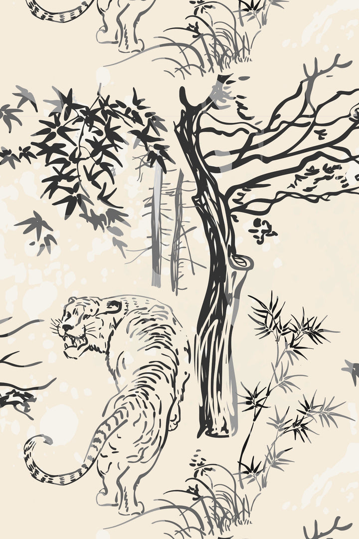 Chinoisery tigers and trees on a beige background