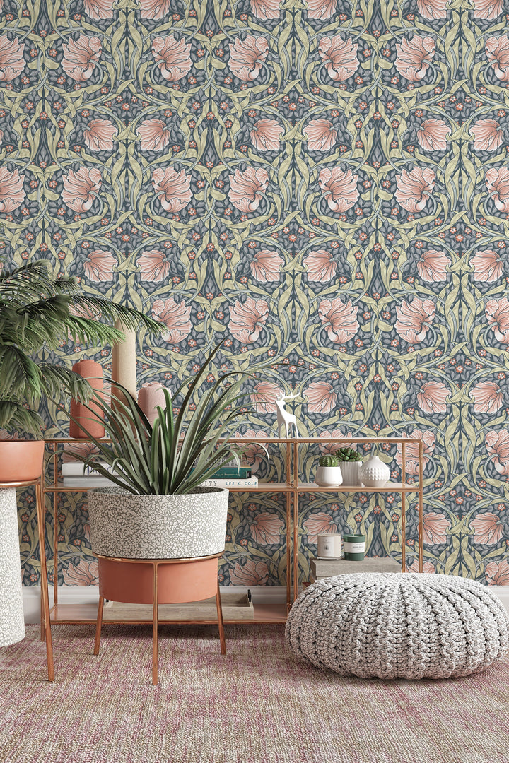 William Morris light pink flowers -  Peel and Stick - Traditional Wallpaper #3542