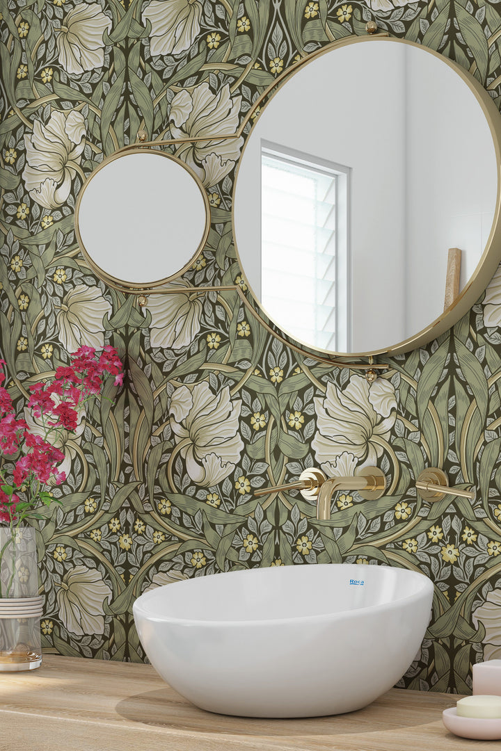 William Morris white flowers -  Peel and Stick - Traditional Wallpaper #3541