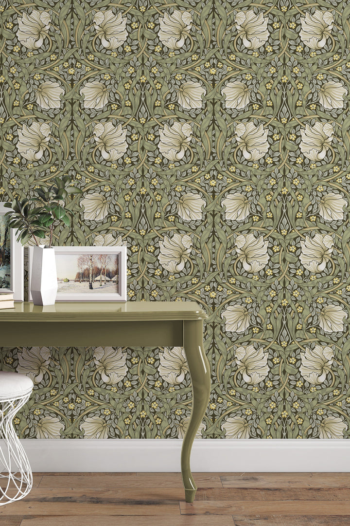 William Morris white flowers -  Peel and Stick - Traditional Wallpaper #3541