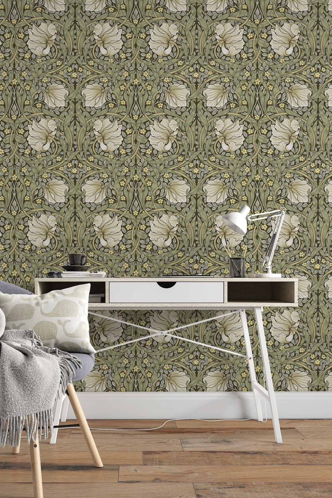 William Morris white flowers -  Peel and Stick - Traditional Wallpaper #3541