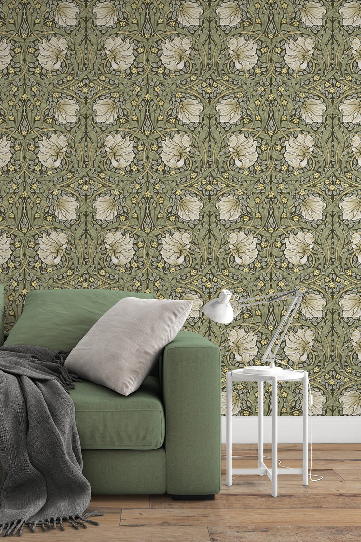 William Morris white flowers -  Peel and Stick - Traditional Wallpaper #3541