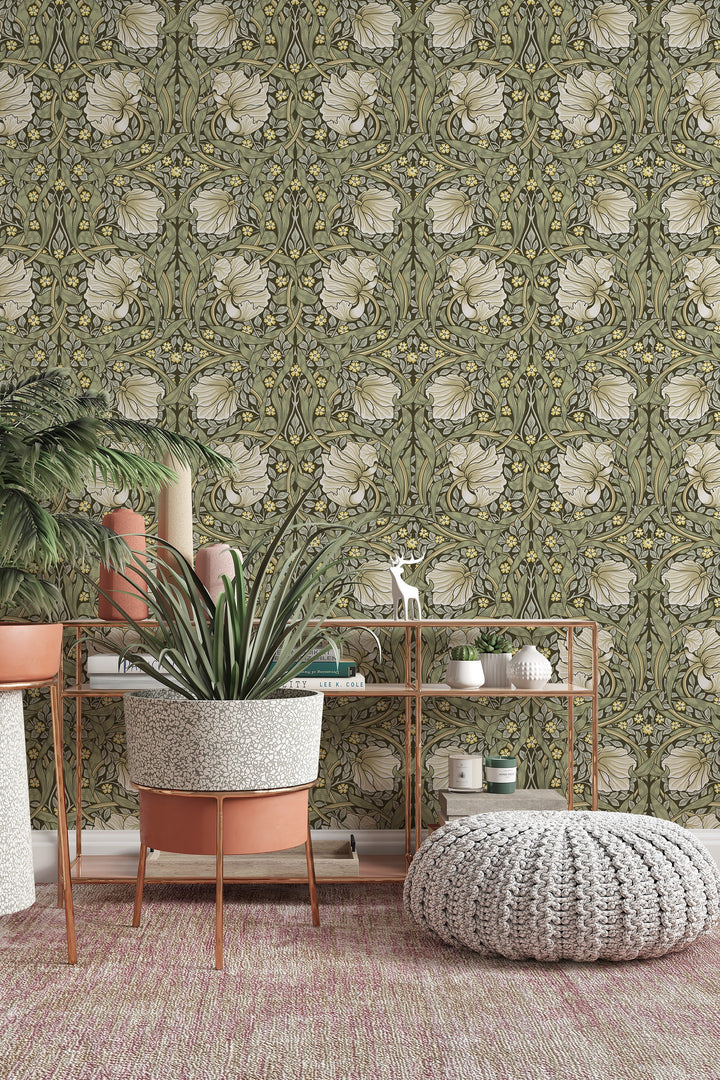 William Morris white flowers -  Peel and Stick - Traditional Wallpaper #3541