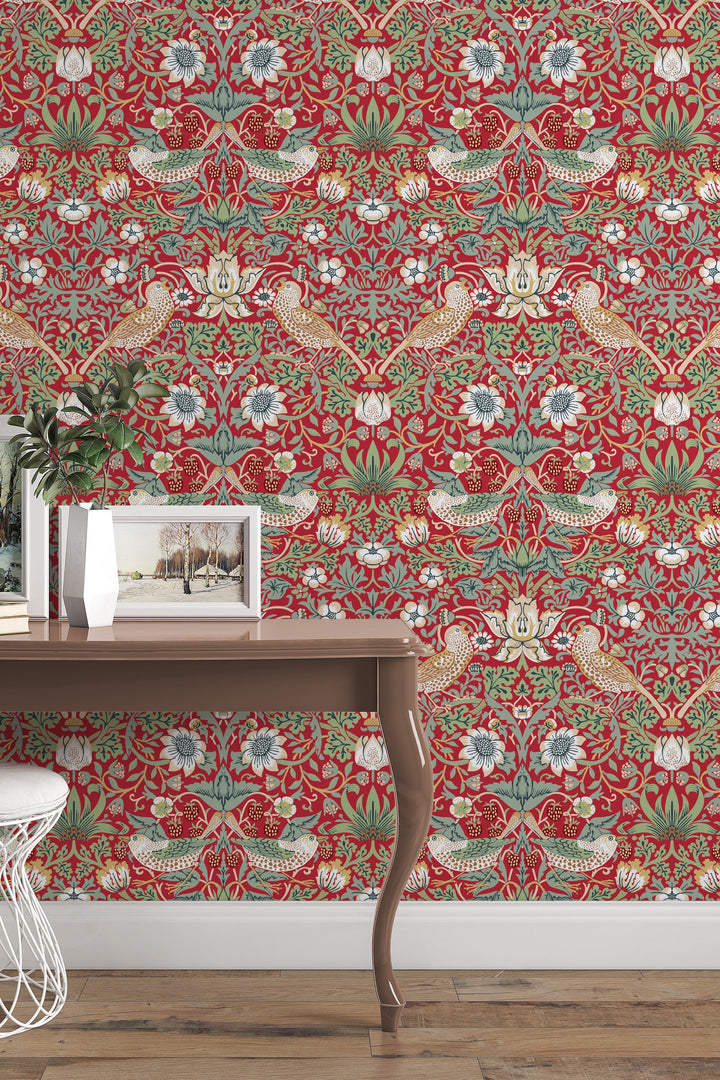 William Morris Birds and strawberry -  Peel and Stick - Traditional Wallpaper #3540