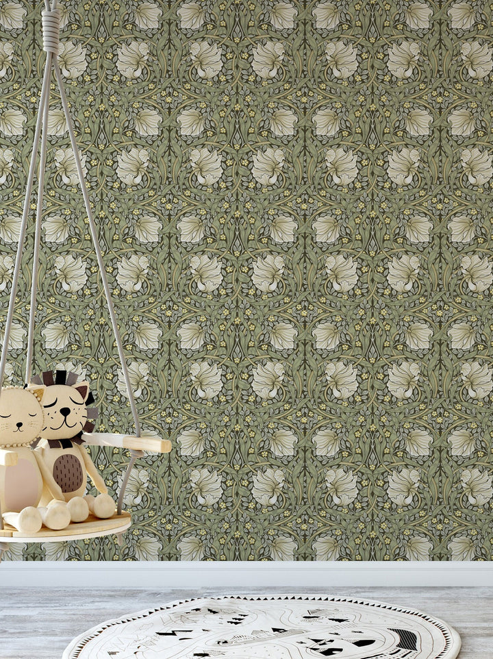 William Morris white flowers -  Peel and Stick - Traditional Wallpaper #3541