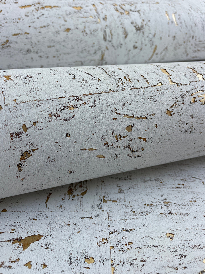 Natural Cork wallpaper white with gold Grasscloth