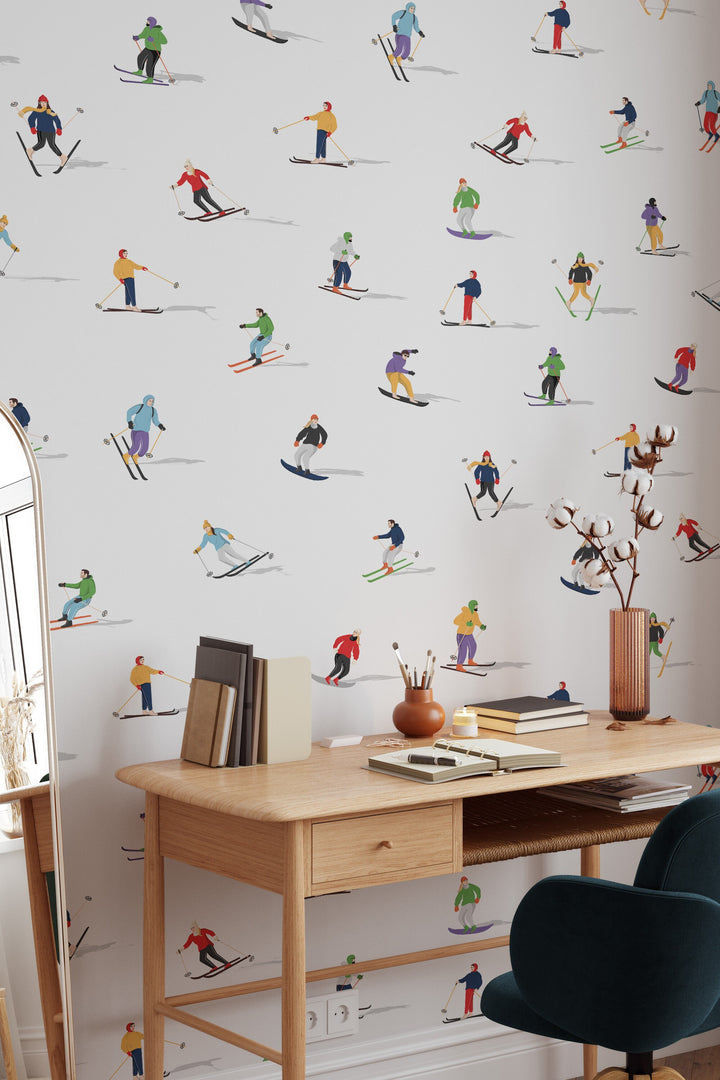 People on skis Retro White Wallpaper  - Peel & Stick Wallpaper - Removable Self Adhesive and Traditional wallpaper #3562