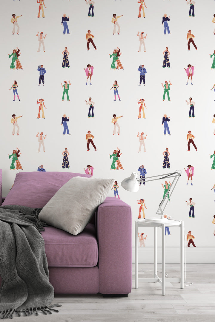 Girls dance Retro White Wallpaper - Peel & Stick