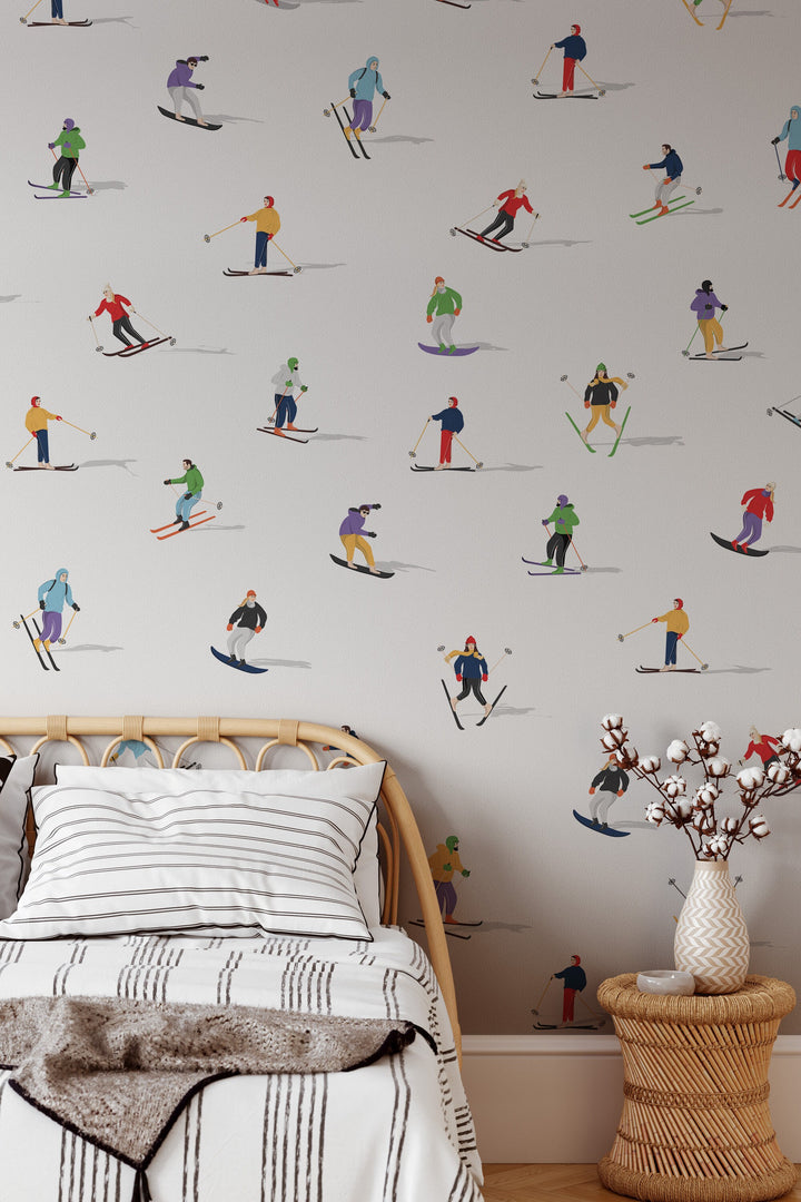 People on skis Retro White Wallpaper NEW  - Peel & Stick Wallpaper - Removable Self Adhesive and Traditional wallpaper #3562