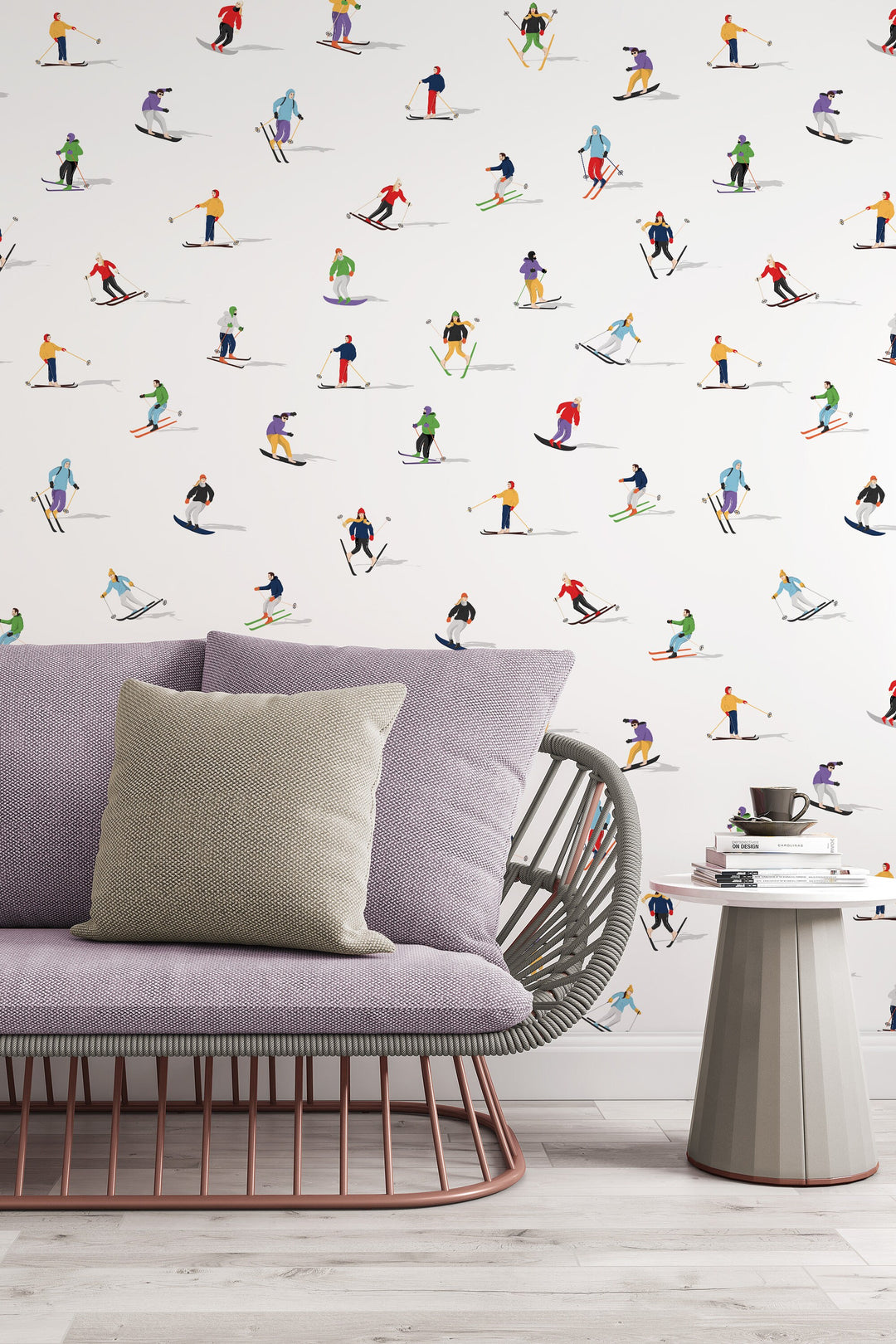 retro salomon ski wallpaper People on Skis Retro Pattern White Wallpaper 3562 Traditional Smooth Vinyl / Sample 12x9 in