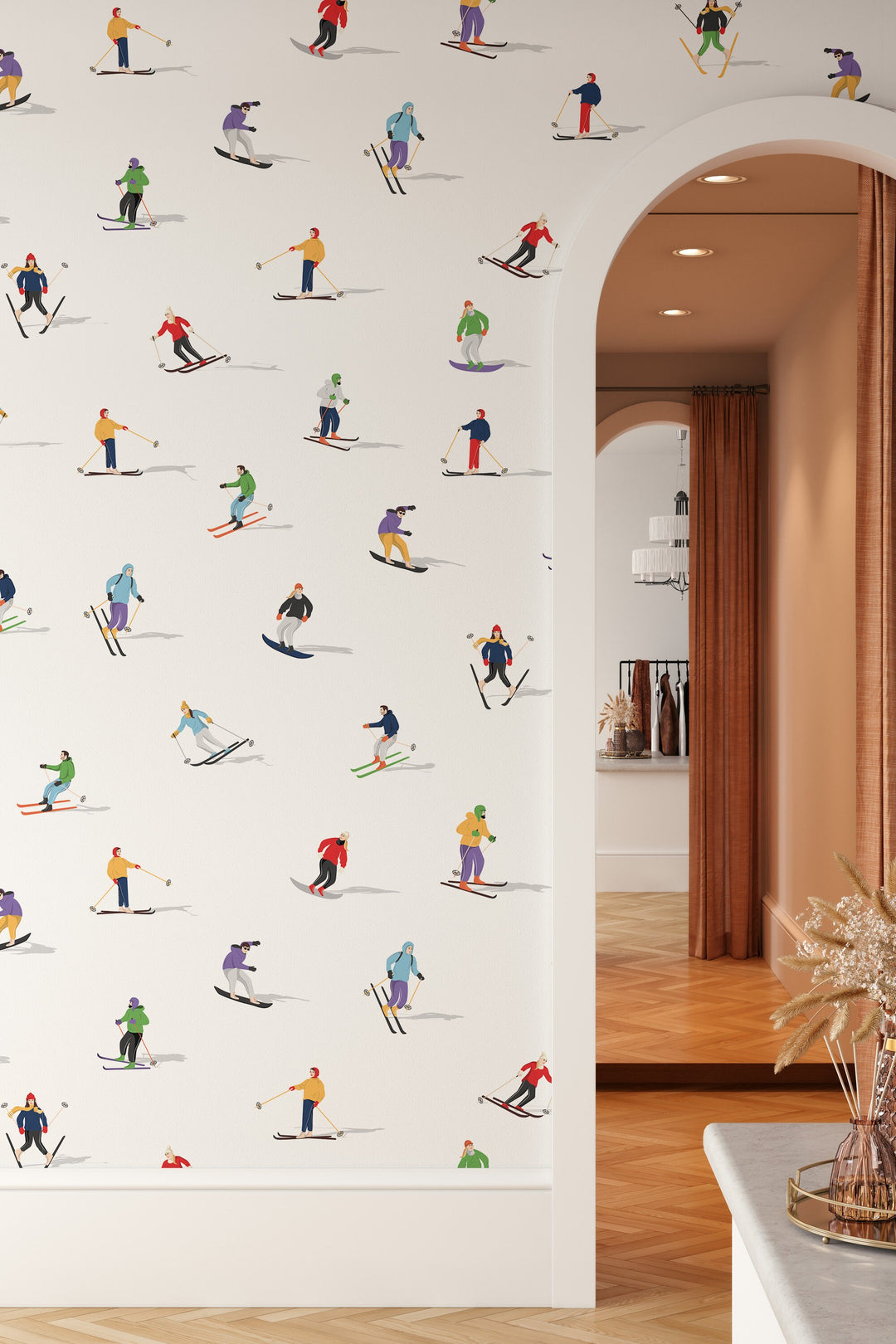 retro salomon ski wallpaper People on Skis Retro Pattern White Wallpaper 3562 Traditional Smooth Vinyl / Sample 12x9 in