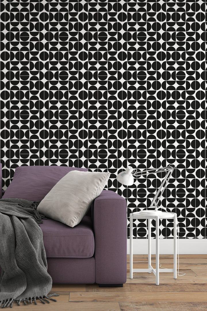 Renter friendly Black Geometric wallpaper circles moons