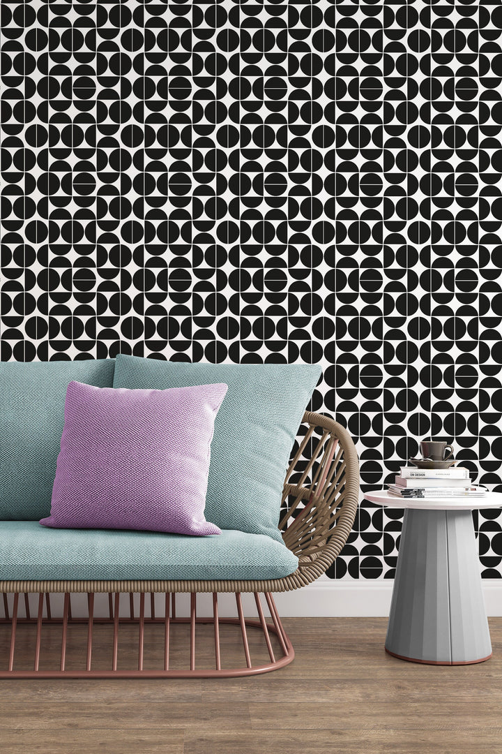 Renter friendly Black Geometric wallpaper circles moons