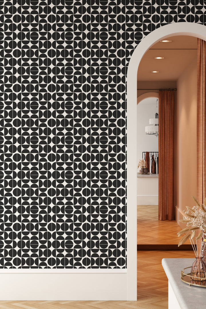 Renter friendly Black Geometric wallpaper circles moons