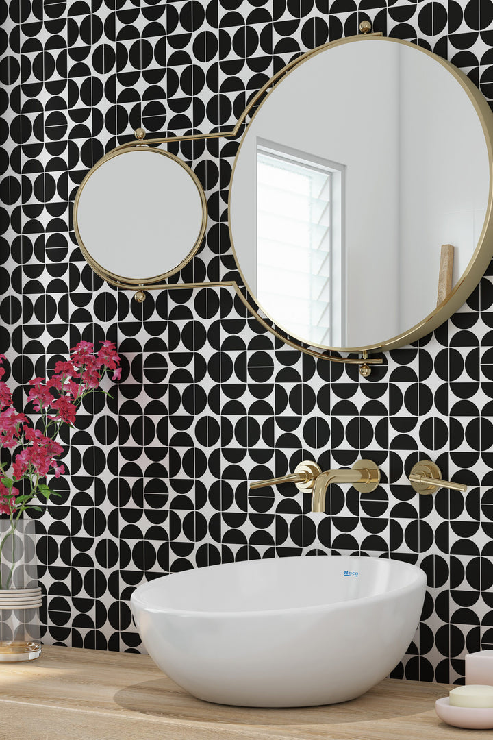 Renter friendly Black Geometric wallpaper circles moons