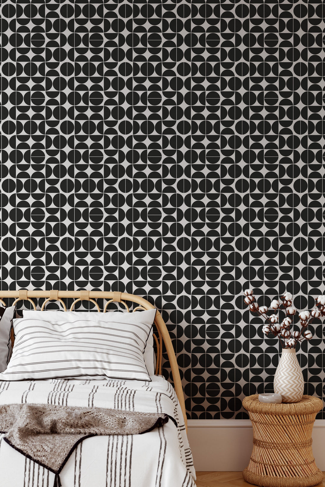 Renter friendly Black Geometric wallpaper circles moons