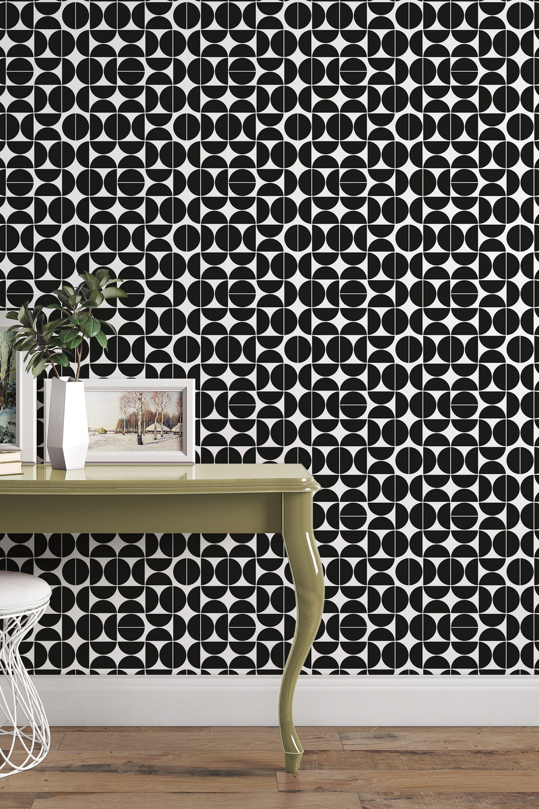 Renter friendly Black Geometric wallpaper circles moons