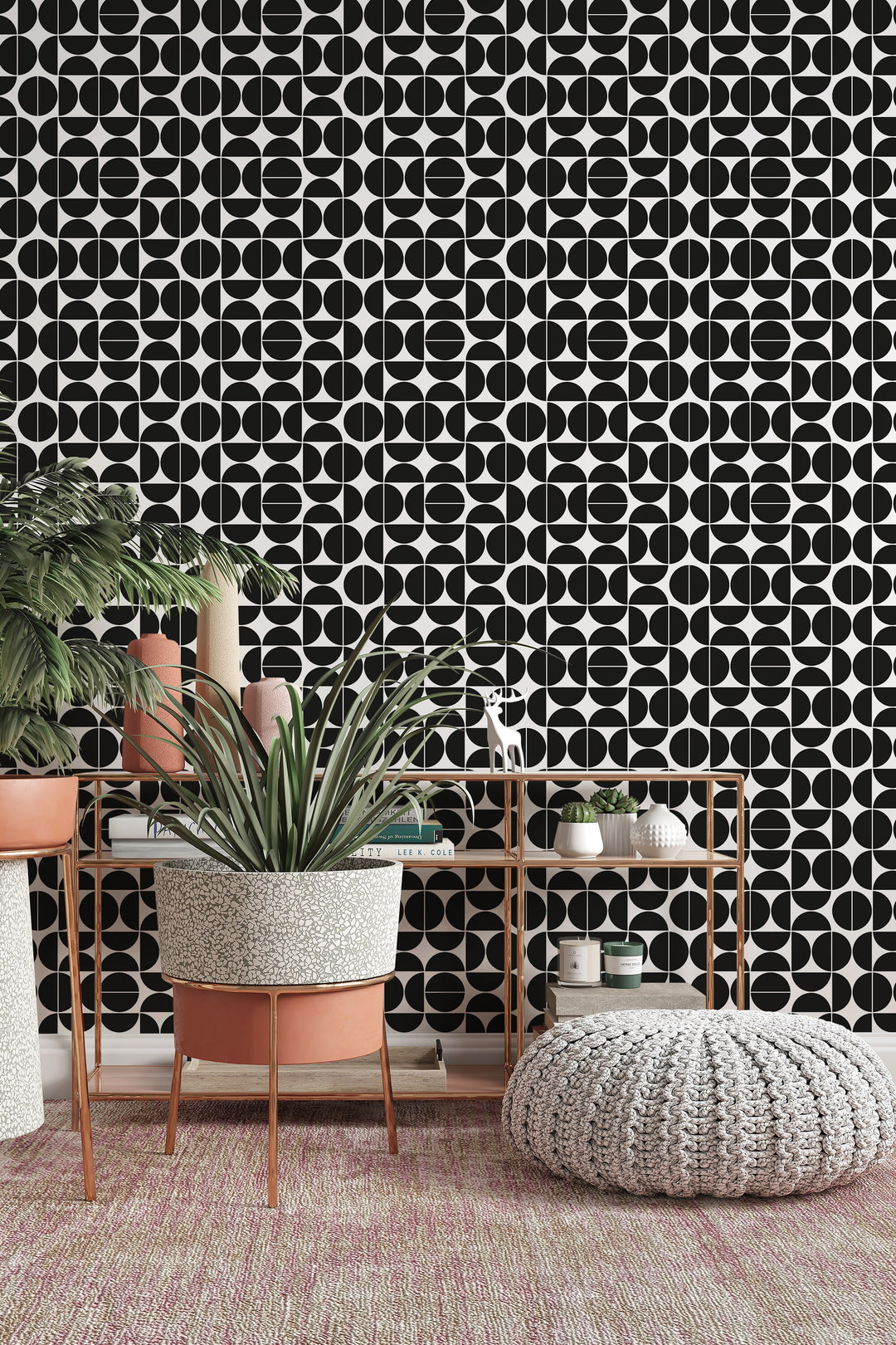 Renter friendly Black Geometric wallpaper circles moons