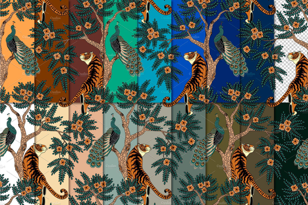 Tiger and Peacock wallpaper: green, blue, white, broun, black background