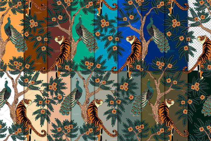 Tiger and Peacock wallpaper: green, blue, white, broun, black background